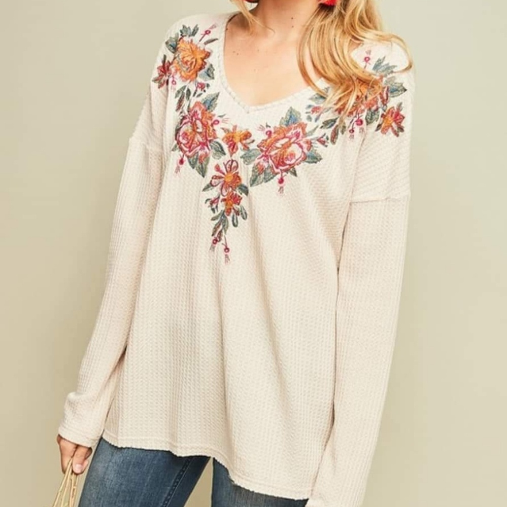 Embroidered waffle knit top
